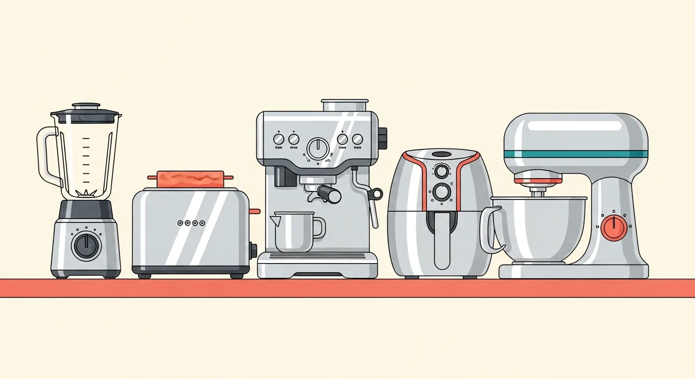 Illustration of a kitchen counter with blender, espresso machine, toaster, air fryer, and stand mixer